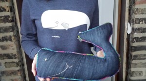 Upcycled denim whale pillow